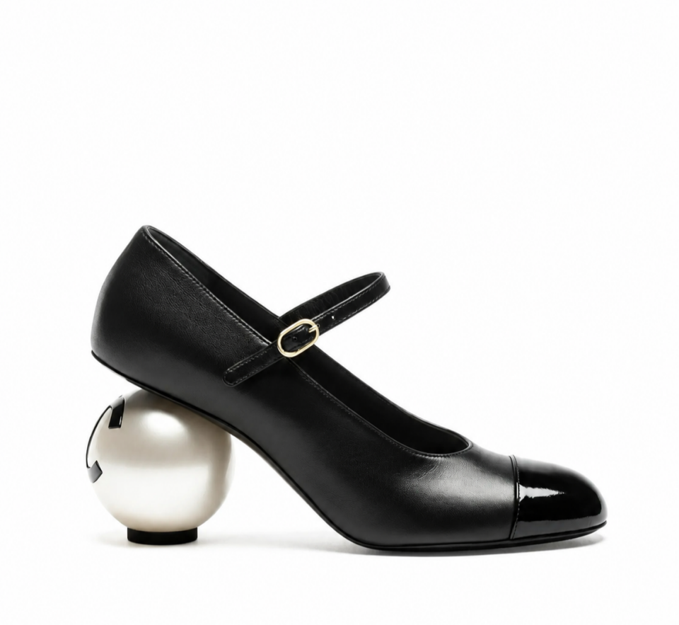 Siyah Deri İnci Topuk 6CM Stiletto